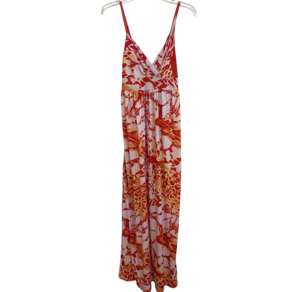 Derek Heart Red Orange Abstract Print Maxi Dress Womens Medium V-Neck Summer